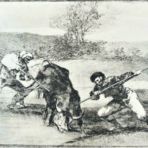 SPANIARDS HUNTED BULLS ON FOOT Original Antique Vintage Fine Art GOYA Print 60’s